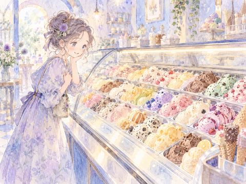 色とりどりのアイスが並ぶ冷凍ケースの前で迷う女性