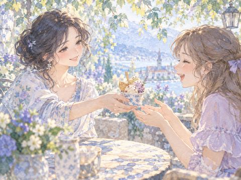 友人へアイスを差し出して優しく微笑む女性