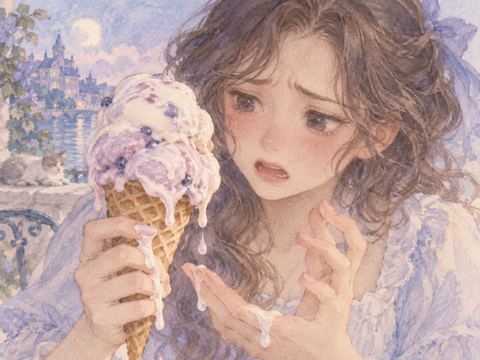 手に持ったアイスが溶けて焦った表情を浮かべる女性