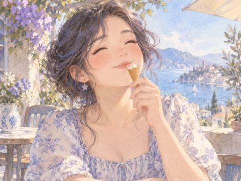 溶ける前にコーンアイスを食べ終え満足そうな女性