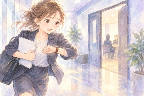 時計を気にしながら面接会場へ急ぐ女性