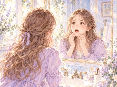 鏡の前で開いた口を閉じようとして焦る女性