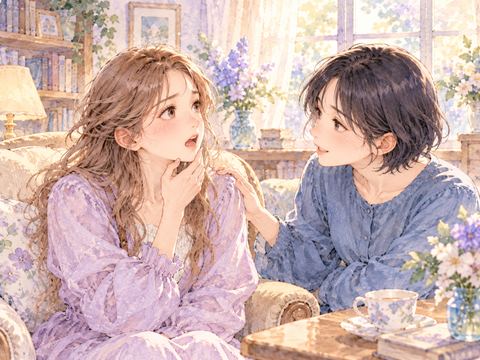 顎が外れて困る女性に友人が優しく声をかける場面