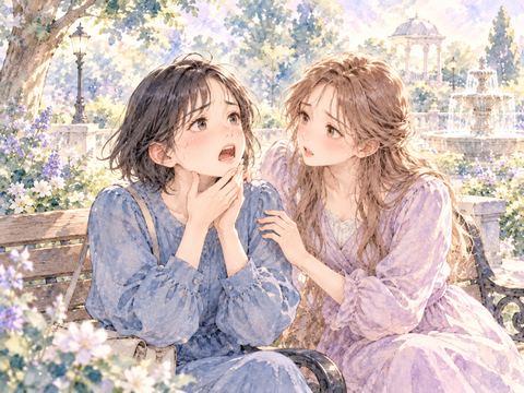 顎が外れて困る友人を心配そうに見つめる女性