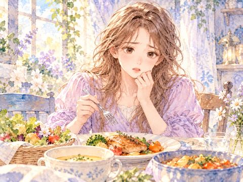好物の料理を前に顎を押さえて食べられない女性