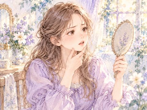 鏡を見ながら顎の噛み合わせのずれを気にする女性