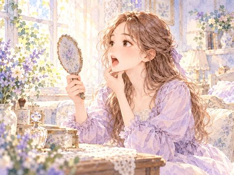 顎が外れているのに落ち着いて鏡を見る女性