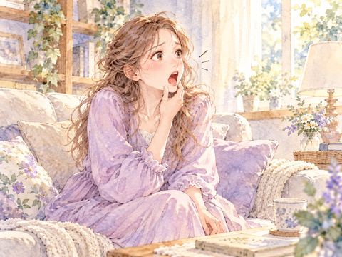 ソファであくびをした拍子に顎が外れて戸惑う女性