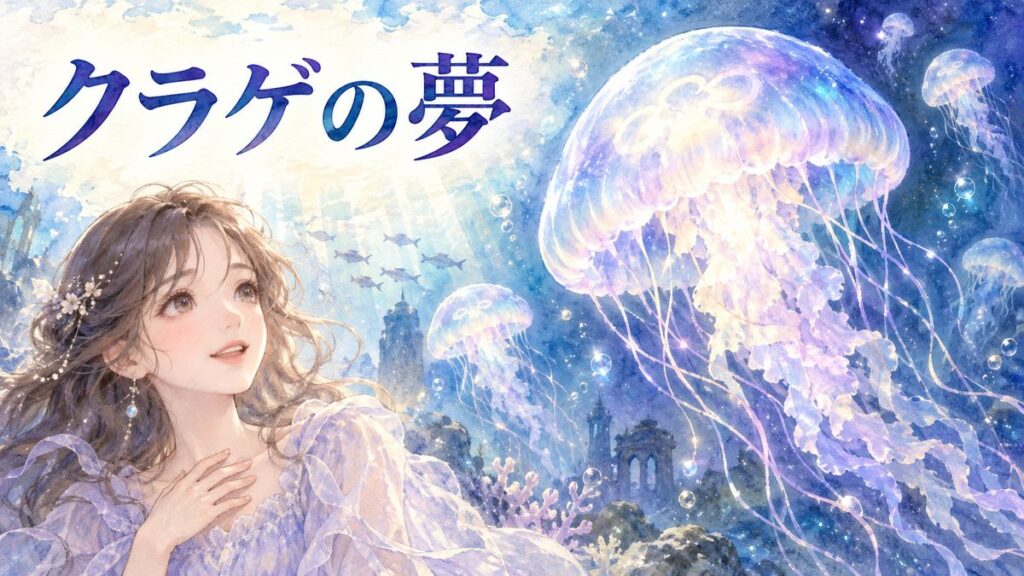 光るクラゲが漂う幻想的な海を優しく見つめる大人の女性