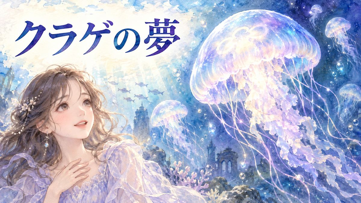 光るクラゲが漂う幻想的な海を優しく見つめる大人の女性
