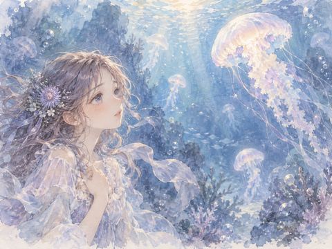 綺麗なクラゲに惹かれながら少し離れて見つめる女性