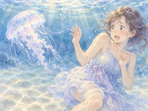 クラゲの触手が手に触れ驚いて手を引く女性