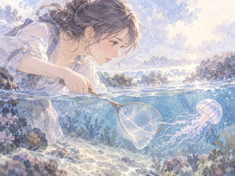 水中のクラゲを小さな網ですくおうとする女性