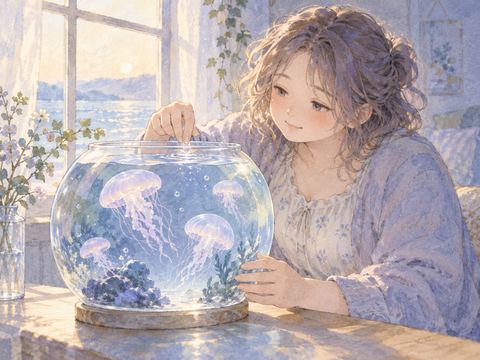 室内の水槽で泳ぐクラゲを優しく世話する女性
