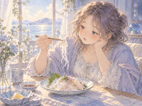 食卓でクラゲ料理を箸で持ち上げる女性