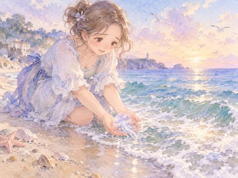 浜辺で弱ったクラゲを海へ戻そうとする女性