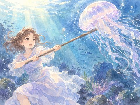 大きなクラゲを追い払って安堵する女性