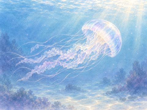 穏やかな水の中をゆったり漂いながら泳ぐクラゲ