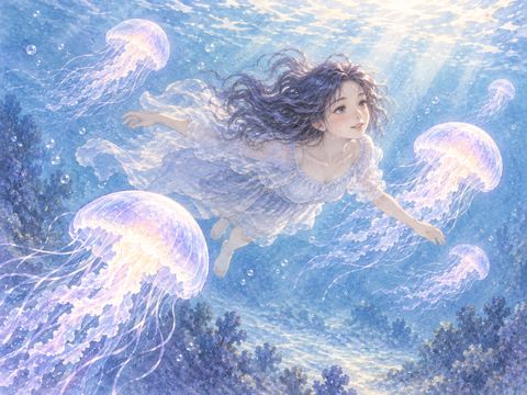 クラゲとほどよい距離を保ちながら水中を泳ぐ女性
