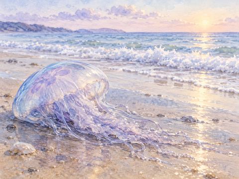 波打ち際の砂浜に打ち上げられたクラゲ