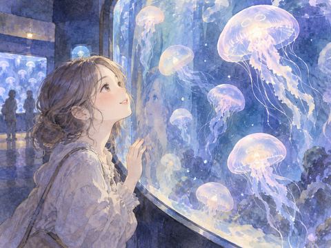 水族館のガラス越しに光るクラゲを見つめる女性
