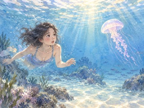 穏やかな海で漂うクラゲを見つける女性