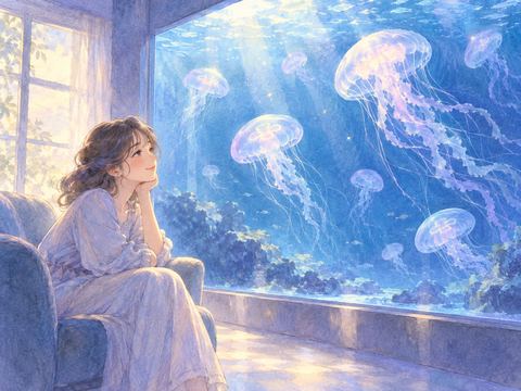 柔らかく光るクラゲを見て安らぐ女性