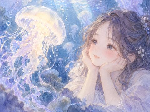 近づくクラゲを怖がり身を引く女性