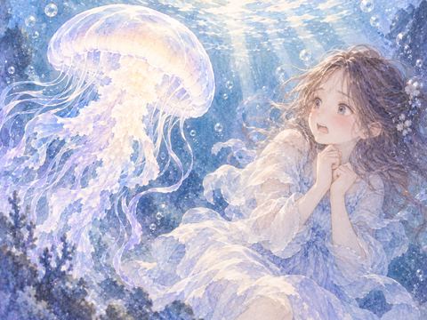 不思議な動きをする透明なクラゲに見入る女性