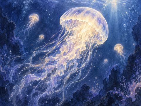暗い水中でクリーム色の光を放ちながら漂うクラゲ