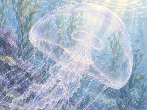 向こう側の水草が透けて見える透明なクラゲ