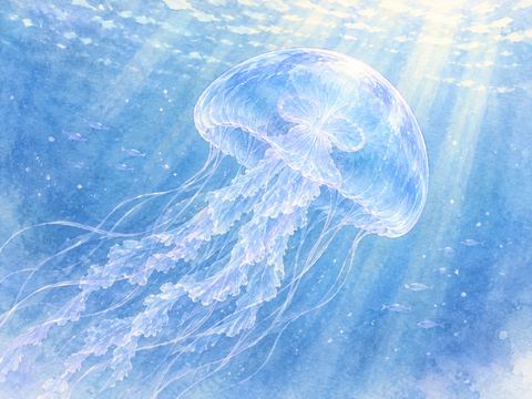 澄んだ青色の傘を持つクラゲが静かに泳ぐ水中