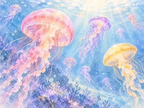 ピンクや紫や黄色のクラゲが色鮮やかに漂う水中