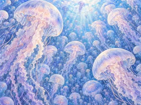 海の奥まで無数のクラゲが広がる幻想的な光景