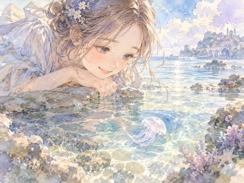 手のひらほどの小さなクラゲを微笑んで眺める女性