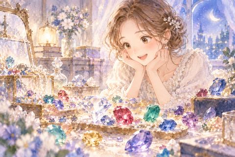 たくさんの宝石を前に目を輝かせる大人の女性