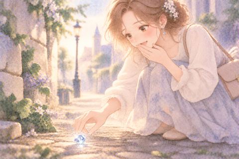 道で宝石を拾い驚く大人の女性