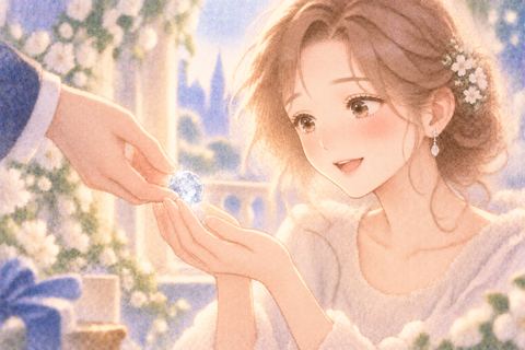 差し出された宝石をうれしそうに受け取る大人の女性