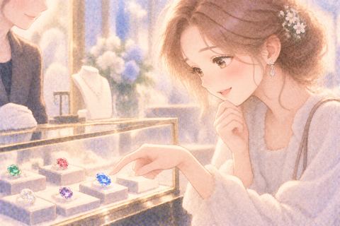 宝石店で一つの宝石を選ぶ大人の女性