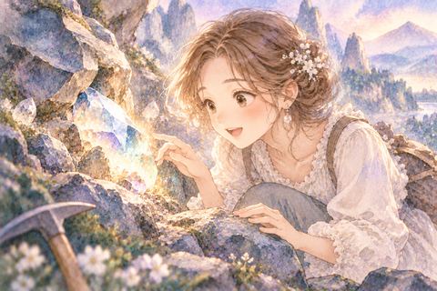 岩の中の宝石の原石を見つける大人の女性