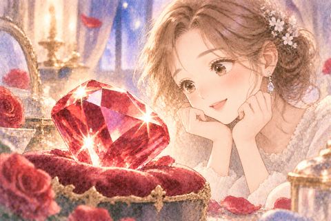 赤く輝くルビーを見つめる大人の女性