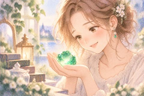 緑に輝くエメラルドを穏やかに見る大人の女性
