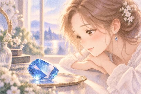 澄んだ青い宝石を静かに見つめる大人の女性
