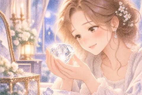 輝くダイヤモンドを大切そうに見つめる大人の女性