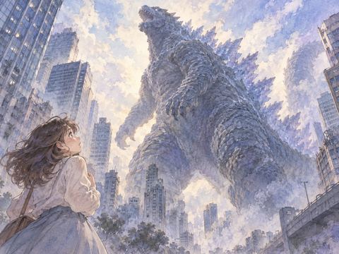 高層ビルより巨大な怪獣を見上げて立ちすくむ女性
