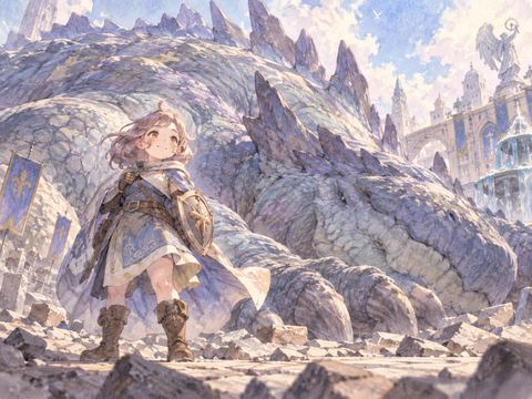 倒れた巨大な怪獣を前に勝利を喜ぶ女性