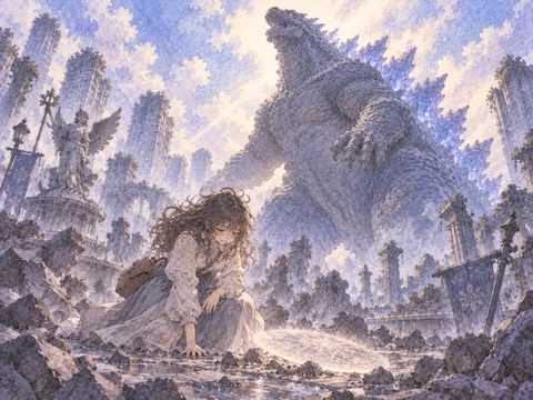 巨大な怪獣に敗れて地面に膝をつく女性