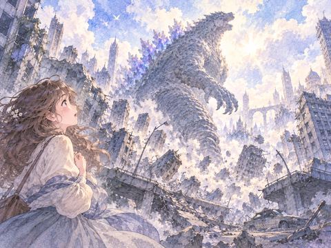 怪獣に道路やビルを壊された街を悲しげに見つめる女性
