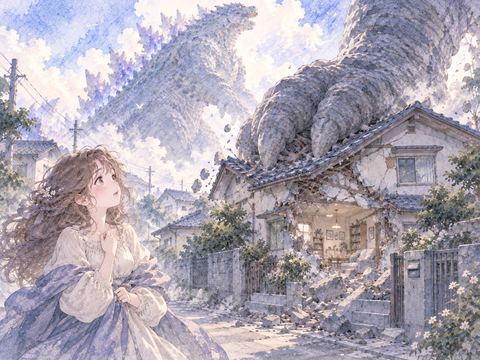 怪獣に自宅の屋根を踏み壊され悲しむ女性