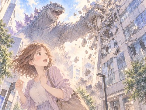 怪獣に目の前の職場の建物を壊され驚く女性